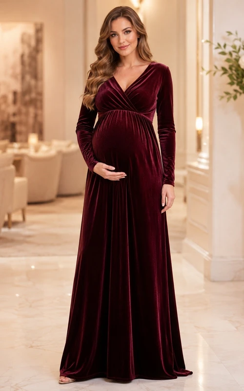 Vestido de noche formal de invierno de terciopelo con escote en V y mangas largas estilo imperio para embarazadas