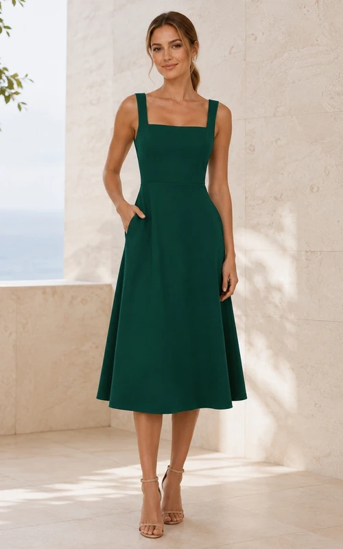 Schlichtes, dunkelgrünes Cocktailkleid mit eckigem Ausschnitt, A-Linie und Taschen, perfekt für den Strand.