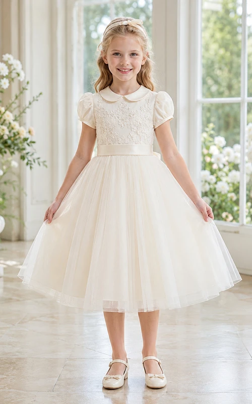 Bow Back Tulle A-Line Flower Girl Dress with Jewel Neck and Tea-Length Skirt