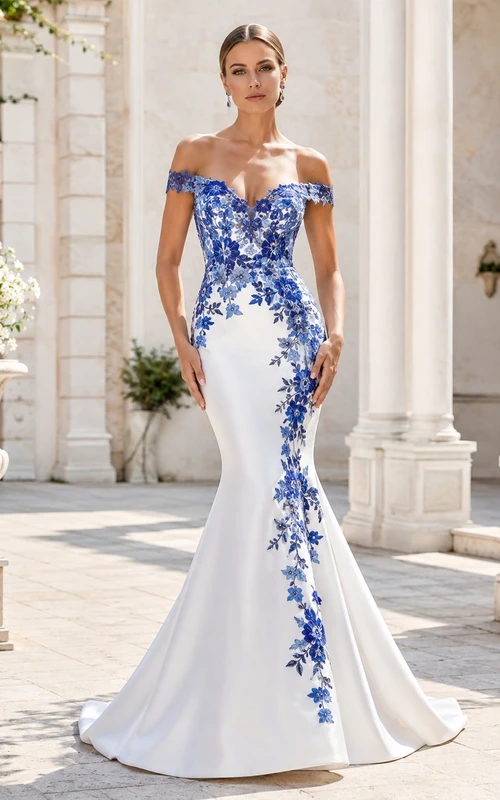 Himmelblaues, kobaltblaues Meerjungfrauen-Brautkleid aus Satin mit schulterfreiem Ausschnitt und kurzen Ärmeln