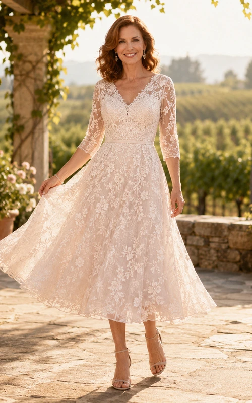 Vintage Lace Wedding Dress A-Line Jewel Neck Half Sleeve Tea Length Bridal Gown