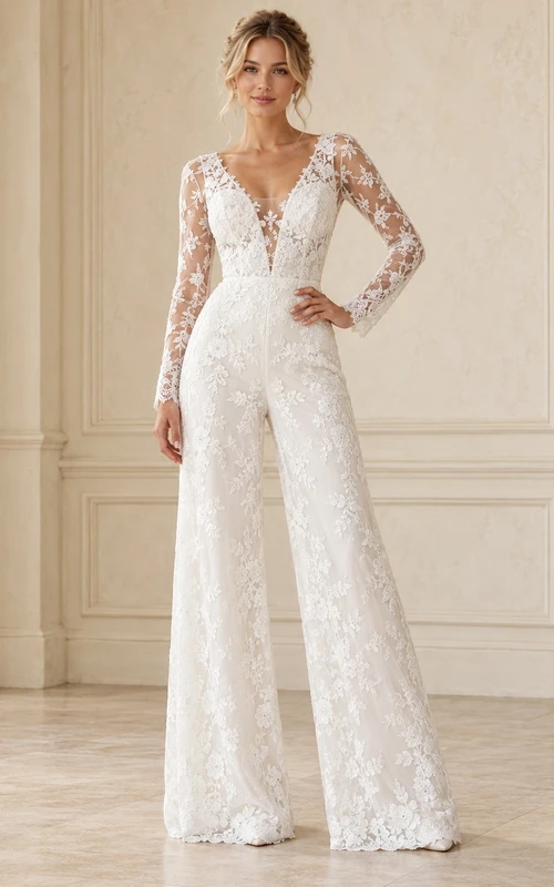Combinaison de mariage à manches longues, col en V, dentelle florale et jambes larges