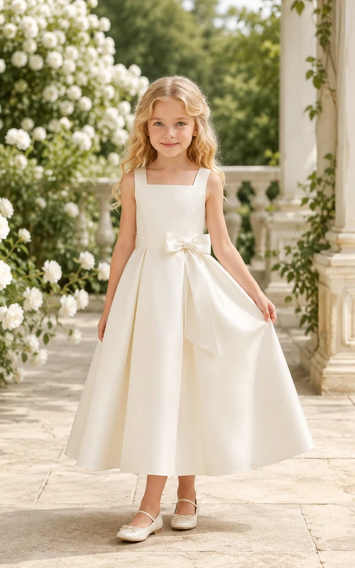 Schlichtes A-Linien-Kleid aus Satin mit Schleife, Rundhalsausschnitt, wadenlangem Rock und Schleifendetail.