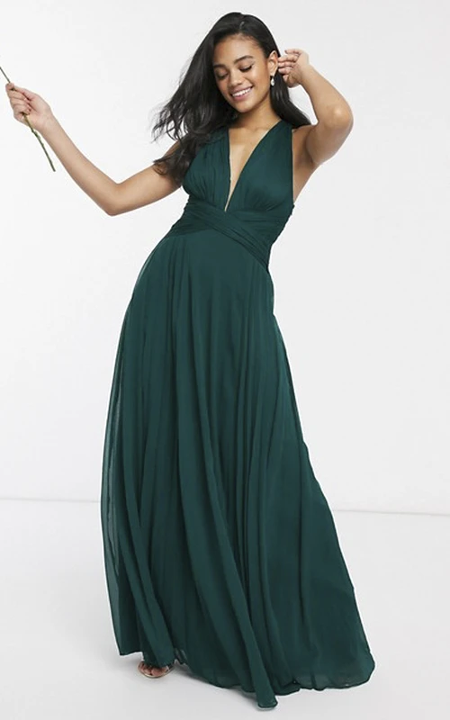 Robe de demoiselle d'honneur sexy sans manches, bretelles dans le dos et décolleté plongeant froncé