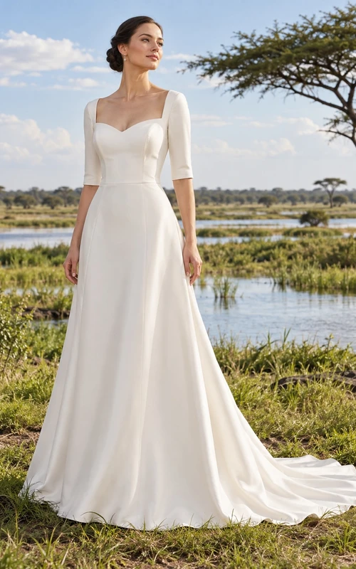 Vestido de novia sencillo de satén con escote corazón, manga corta y corpiño liso.
