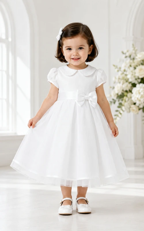 Rounded Collar Baptism Dress A-Line Cotton Tulle Short Sleeve Knee-Length Bow Back Full Skirt