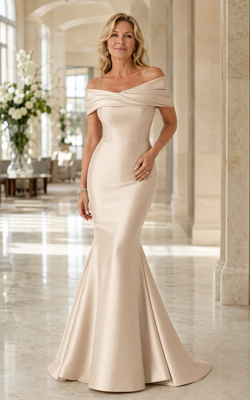 Elegantes, champagnerfarbenes Meerjungfrauen-Kleid aus Satin in Bodenlänge für die Mutter der Braut mit schulterfreiem, gefaltetem Ausschnitt und Schleppe.