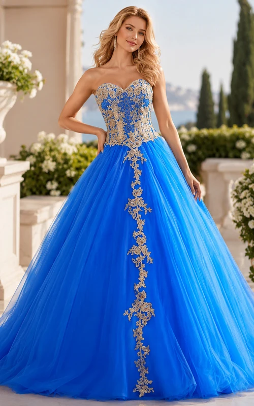 Ball Gown Long Appliques Zipper Lace-Up Back Tulle Lace Dress