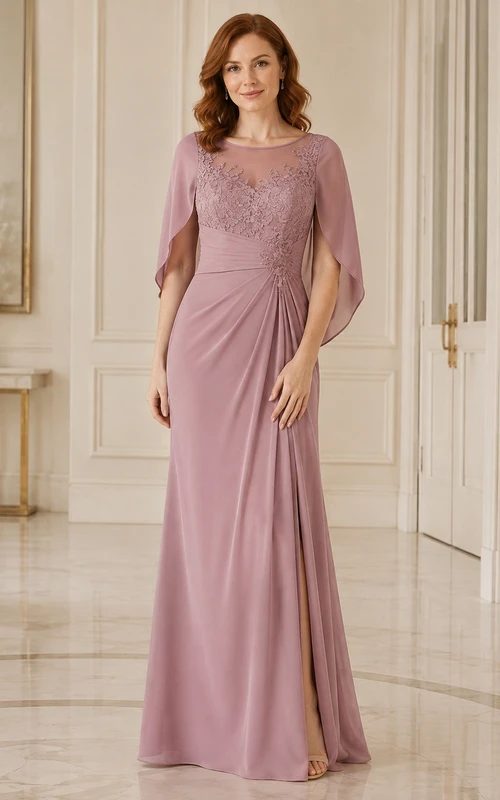 Modest Dusty Rose Jewel Lace Cape Sleeve Draped Sheath Floor-Length Mother Dress