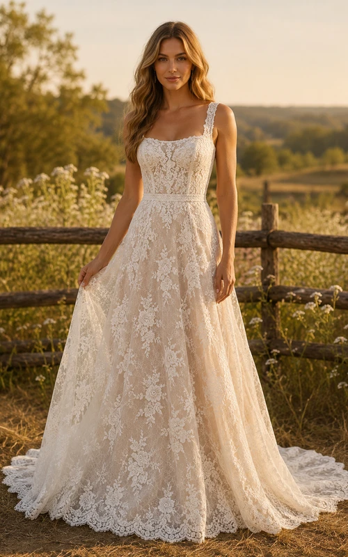 Vestido de novia bohemio de tirantes finos y encaje con corte en A