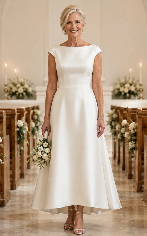 Brautkleid aus Satin mit asymmetrischem Saum und Knopfleiste am Rücken – ideal für ältere Bräute.