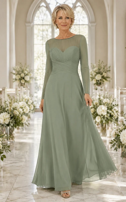 Sage illusion sweetheart long sleeve chiffon A line mother gown
