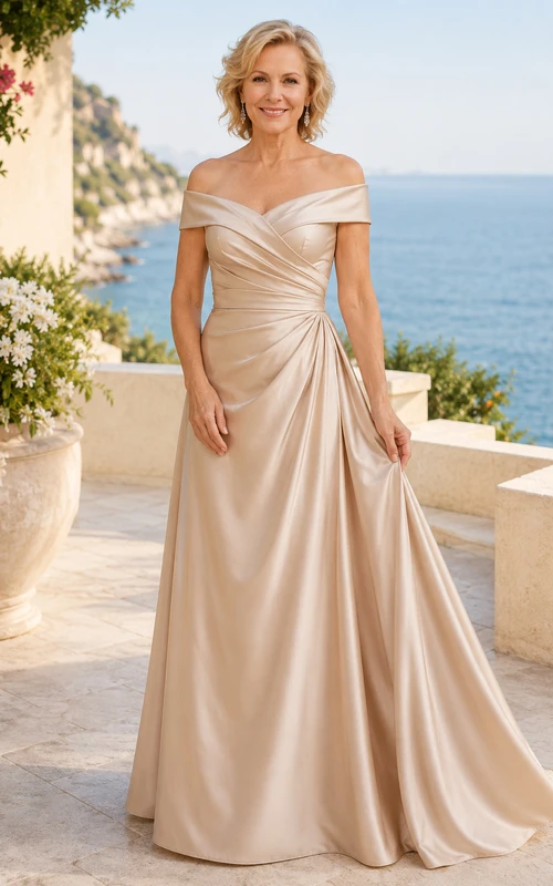 Champagnerfarbenes schulterfreies A-Linien-Kleid aus Satin für Mütter