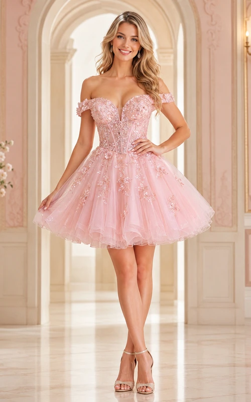 Blushing Pink Off-Shoulder Sweetheart Beaded Tulle Homecoming Dress Luxury Celebrity
