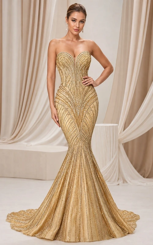 Glamouröses, goldfarbenes, trägerloses, perlenbesetztes Meerjungfrauen-Abendkleid mit dramatischer Schleppe