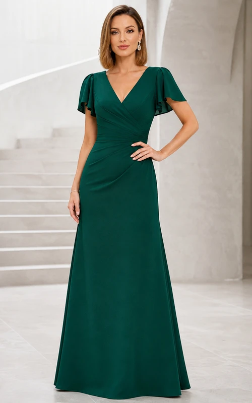 Vestido de noche formal largo hasta el suelo, de gasa plisada, con escote en V, mangas tipo pétalo y color verde oscuro.