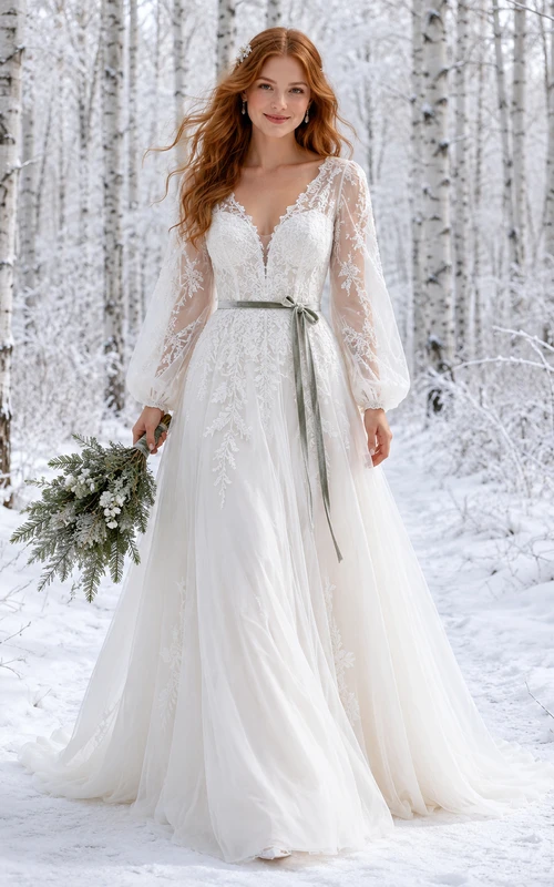 Robe de mariée bohème en mousseline et dentelle, coupe trapèze, col en V, manches longues et traîne courte