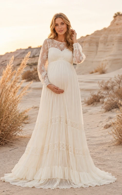 Vestido de novia premamá de manga larga con encaje y volantes, estilo desierto