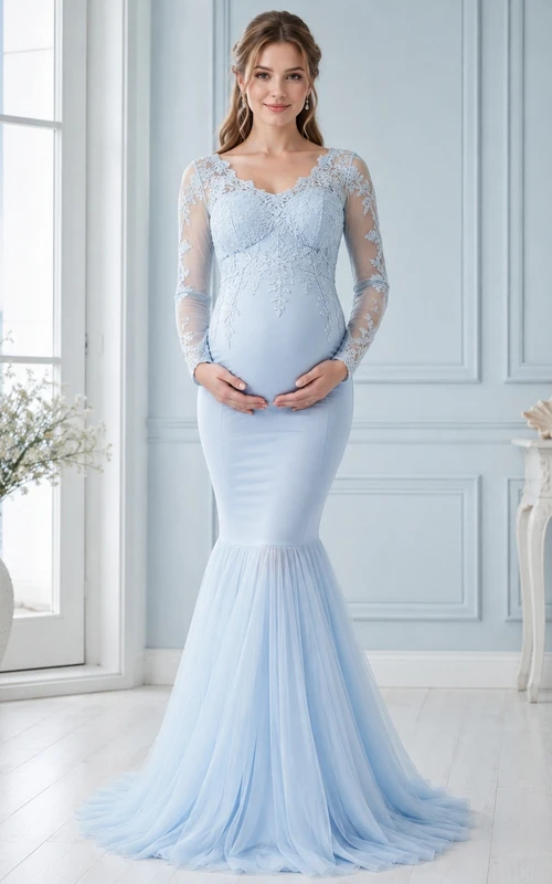 Sky Blue Long-Sleeve Illusion Lace-Spandex Empire-Waist Maternity Mermaid Gown