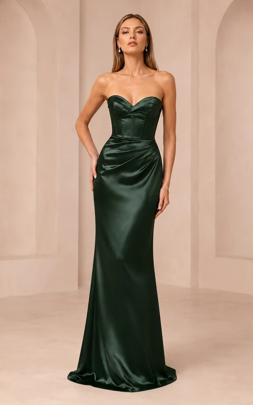 Vestido formal de satén verde oscuro sin tirantes estilo sirena con corpiño tipo corsé con escote corazón.