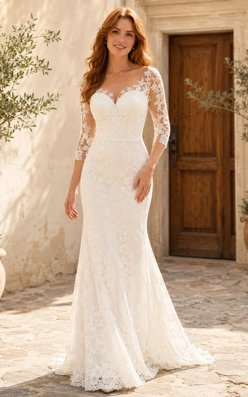 Robe de mariée sirène à manches trois-quarts en dentelle effet cœur