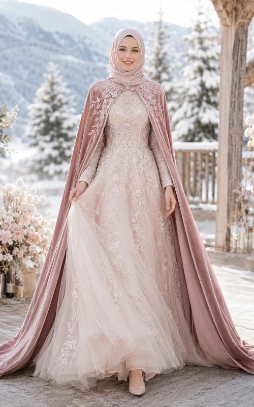 Vestido de novia de invierno musulmán de terciopelo rosa con capa y corte en A para la nieve
