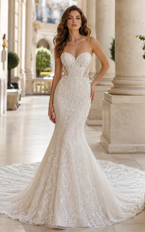 Zartes, ärmelloses Brautkleid aus Spitze mit Herzausschnitt, Meerjungfrauen-Stil, Kapellenschleppe und floralen Applikationen im Gartenstil