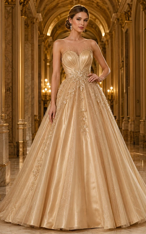 Goldenes, trägerloses Ballkleid mit Herzausschnitt, Glitzer, Perlen und Tüllbesatz, Kapellenschleppe, Opernkleid