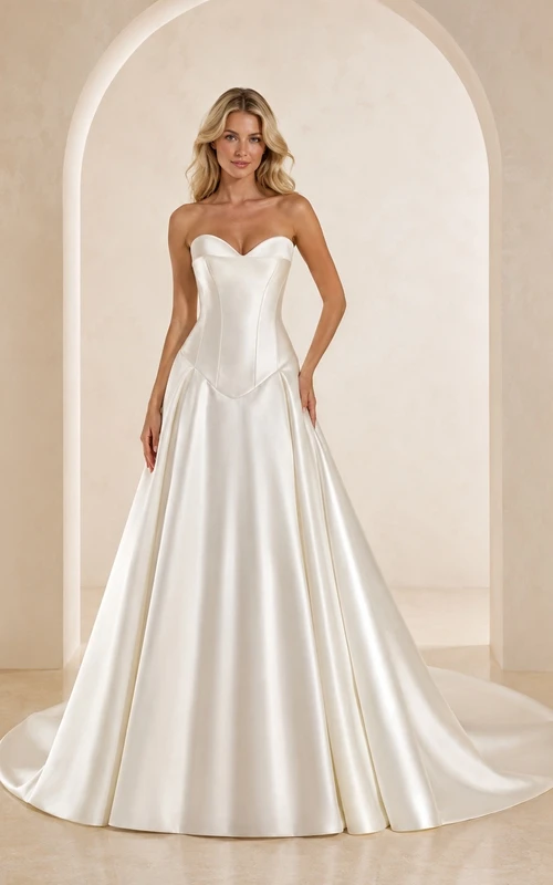 Vestido de novia sencillo de satén sin tirantes, con talle bajo y corte en A.