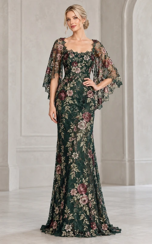 Dark Green Square Neck Rose Embroidered Cape Sleeve Gown