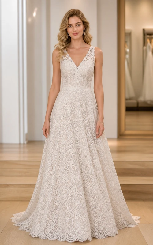 Vestido de novia romántico de corte A con escote en V y cola larga de encaje