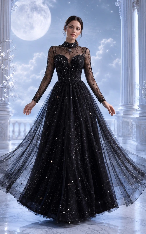 Black High-Neck Long-Sleeve Illusion Glitter-Tulle Ball Gown Floor-Length Fantasy Dress