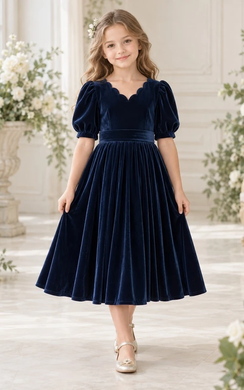 Teelanges, marineblaues Samtkleid mit Muschelkanten, Puffärmeln und Falten für Blumenmädchen