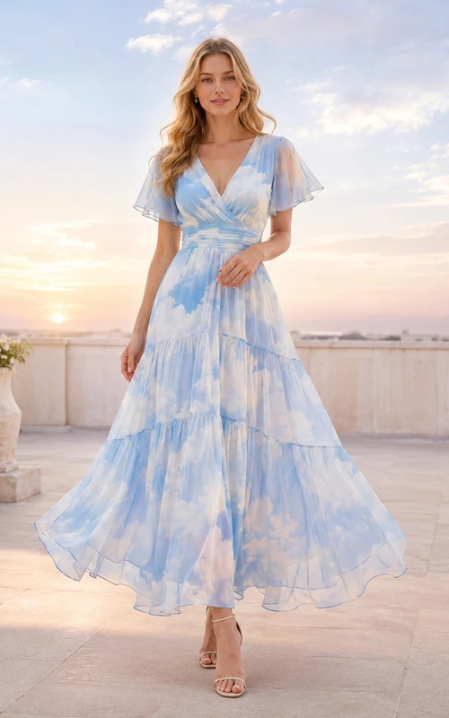 Blue Cloud Print Flutter Sleeve Chiffon Midi Dress