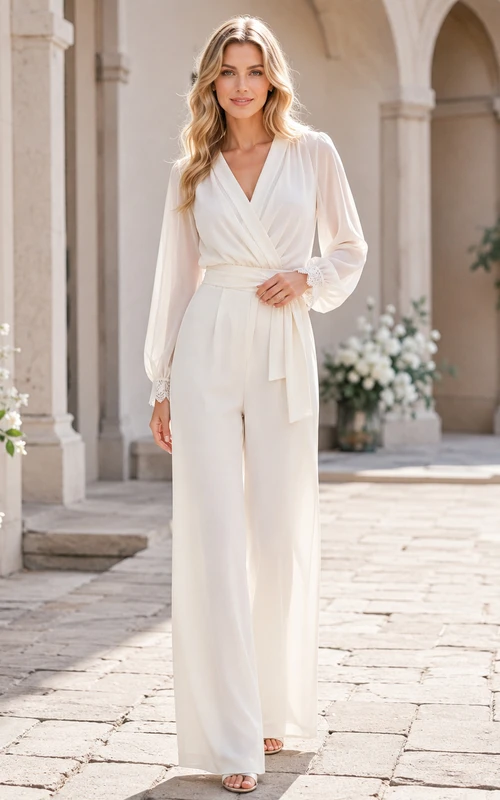 Traje de dos piezas de gasa color marfil con escote en V, mangas abullonadas largas y cinturón, pantalón ancho para invitada.