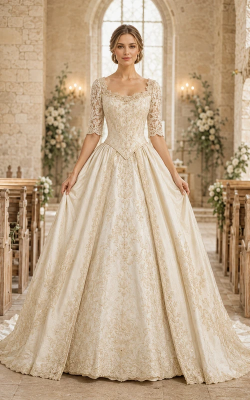 Robe de bal antique de luxe à col rond et manches trois-quarts en dentelle, traîne courte