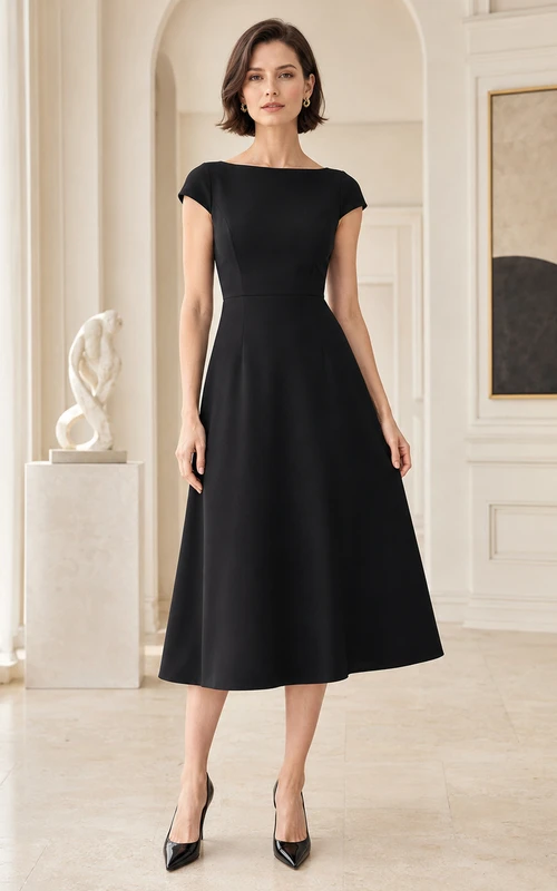 Black Cap Sleeve Bateau A Line Elegant Midi Dress