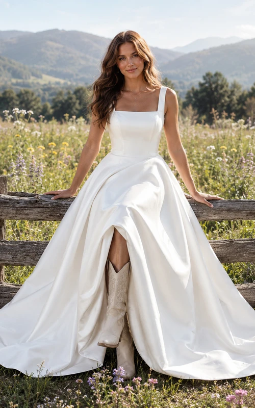 Robe de mariée de maternité à col carré et fines bretelles spaghetti, robe de mariée simple de style champêtre