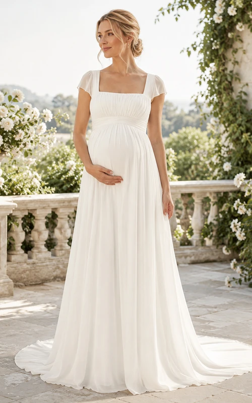 Chiffon-Brautkleid, A-Linie, eckiger Ausschnitt, kurze Ärmel, Schleppe