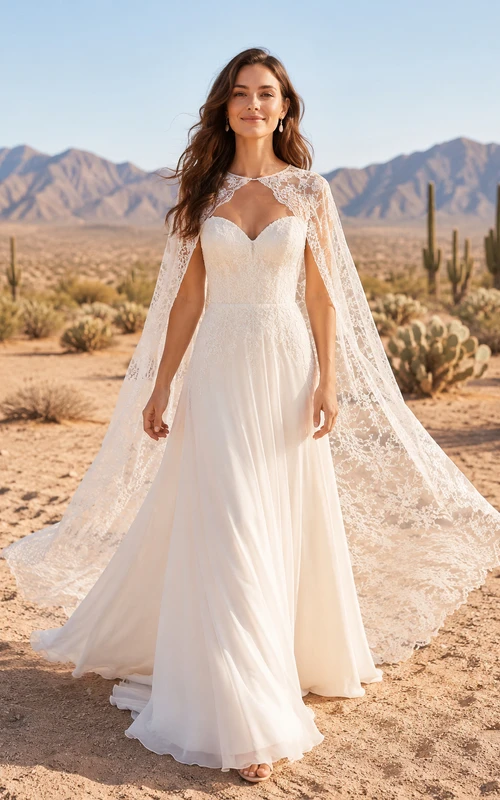 Boho Lace Cape A-Line Wedding Dress