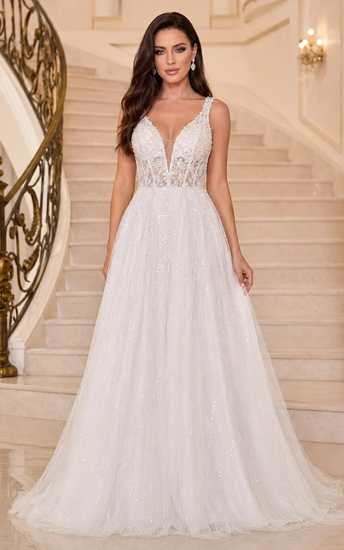 White Deep V Neck Lace Tulle A Line Chapel Train Prom Dress