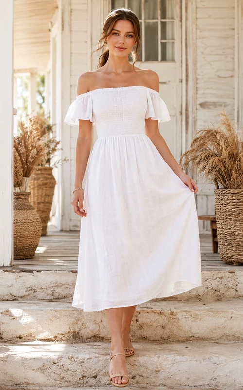 Weißes schulterfreies, knielanges Leinenkleid in A-Linie mit kurzen Ärmeln