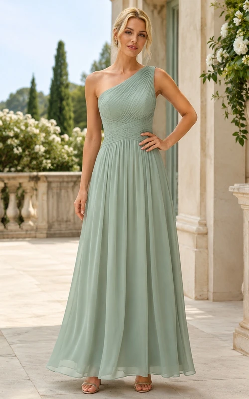 Robe Abito Cerimonia élégante en mousseline de soie sauge, asymétrique, sans manches, plissée, coupe trapèze, longueur au sol