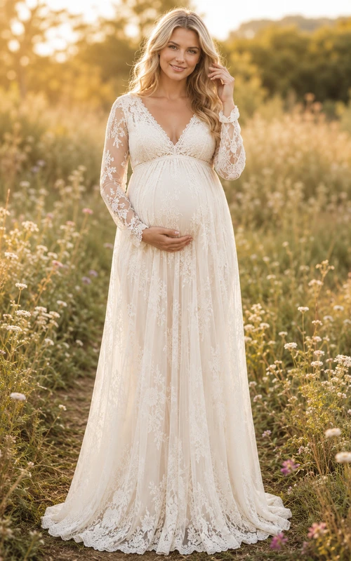 Boho-Umstandsbrautkleid, A-Linie, lange Ärmel, aus Spitze und Tüll, mit V-Ausschnitt und Schleppe