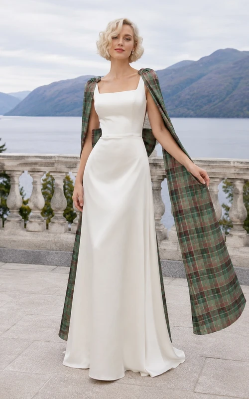 Schottisches Clan-Tartan Cape Ärmelloses schlichtes Satin-Etui-Brautkleid mit eckigem Ausschnitt, schlichtes Brautkleid