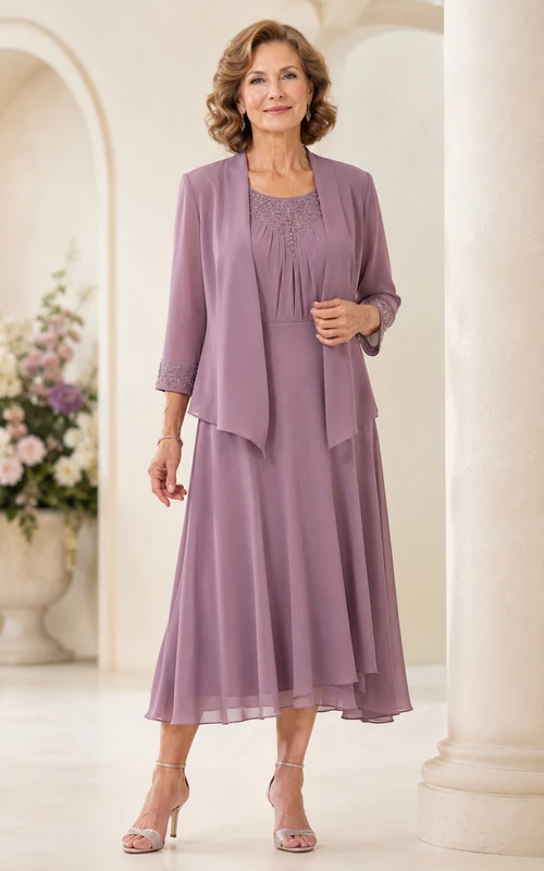 Vintage-Set aus mauvefarbenem Chiffon, elegantem Brautkleid für die Mutter älterer Bräute, mit dreiviertelärmeligem Rundhalsausschnitt, langer Jacke und A-Linien-Rock in Teelänge