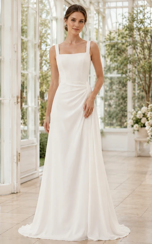 Brautkleid aus Satin, A-Linie, eckiger Ausschnitt, ärmellos, Schleppe