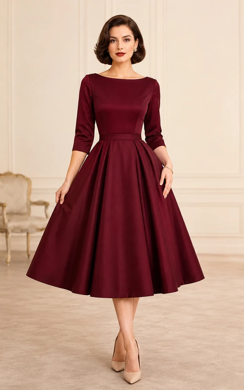 Vestido de cóctel vintage de los años 50, color burdeos, estilo barco, manga tres cuartos, satén plisado, corte en A, largo hasta la rodilla.