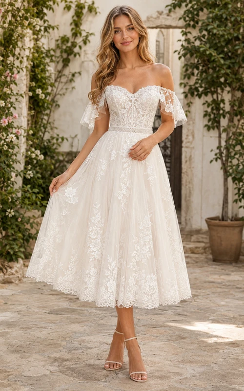 Vestido de novia bohemio de encaje con hombros descubiertos, largo hasta la rodilla, estilo campestre, para exteriores.