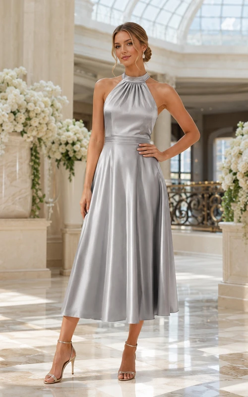 Silver Halter Neck Backless Satin A Line Tea Guest Dress